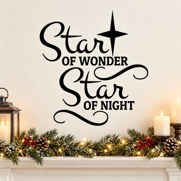 Black script quote wall decal with star: Star of Wonder / Star of Night