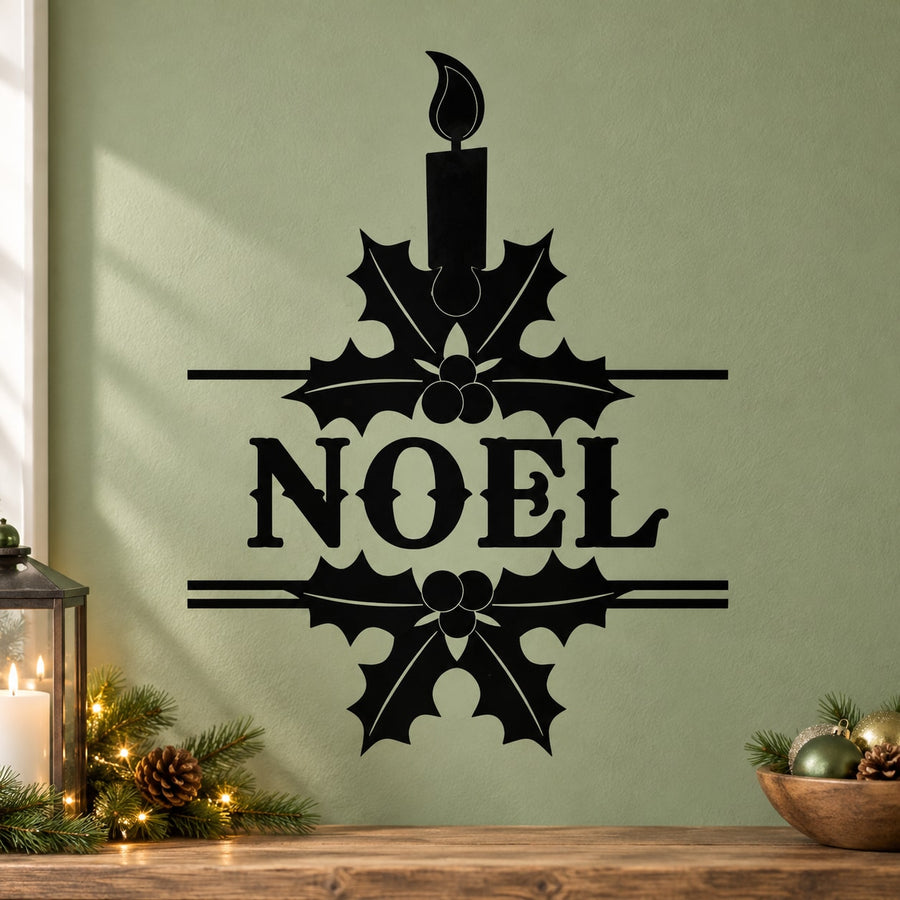 Noel holiday candle wall decal with black lettering, candle, and holly design