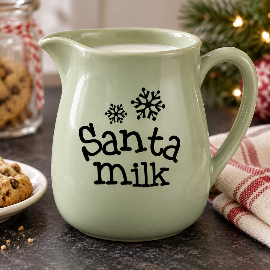 Pale green ceramic milk pitcher with 'Santa Milk' decal and snowflake accents