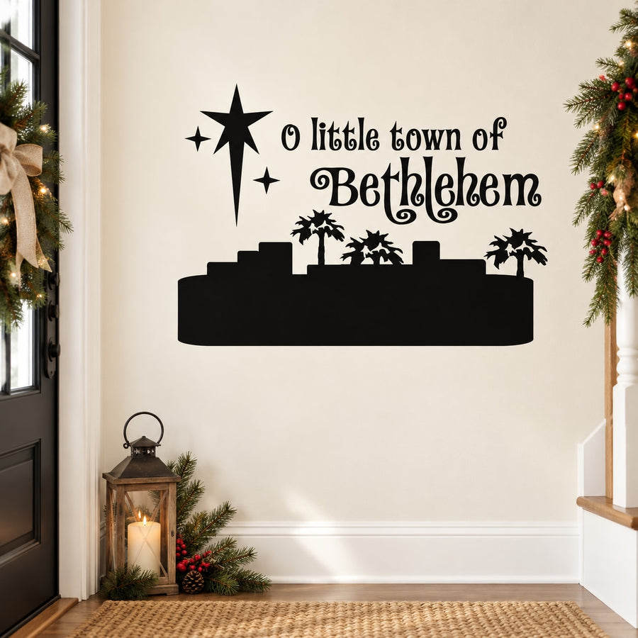 Holiday wall decal with black stars and nativity silhouette, text 'O Little Town of Bethlehem'