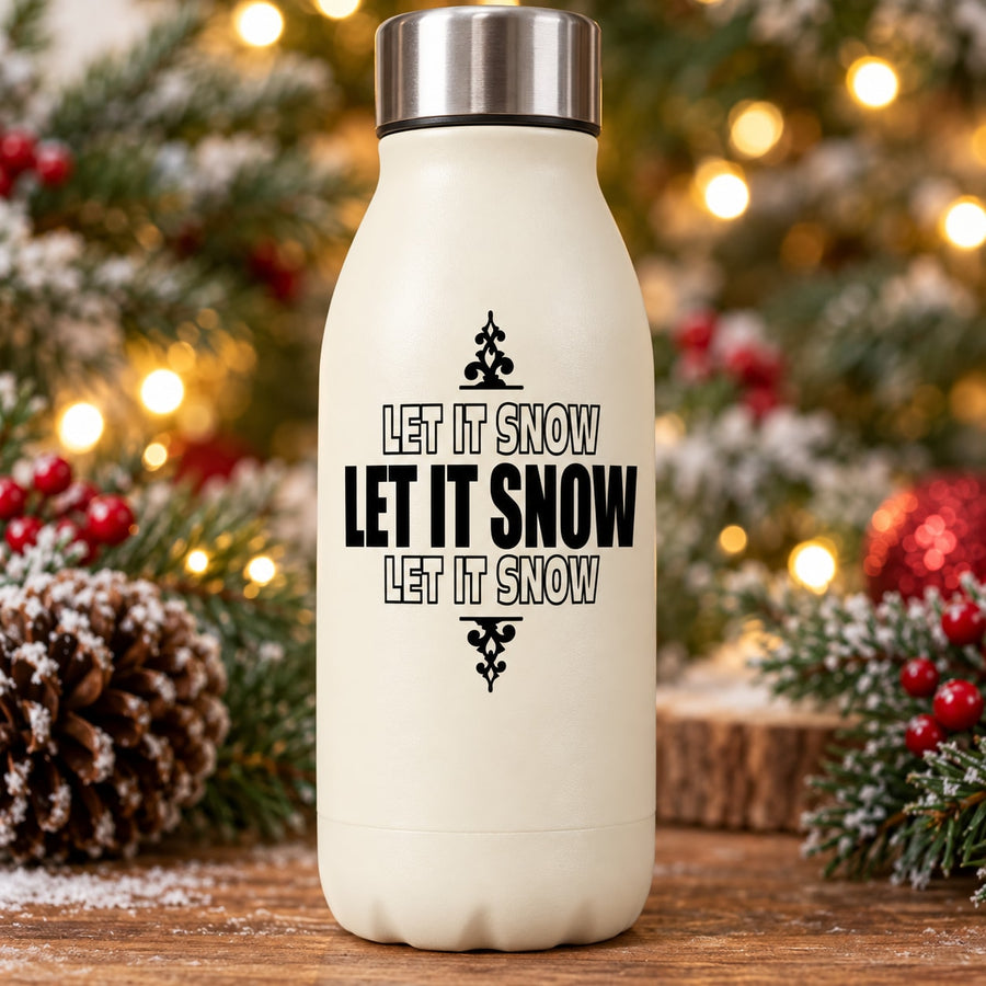 White insulated bottle with "Let it snow" quote decal in black