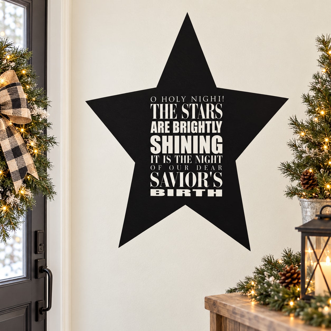 Black quote wall decal with large five-point star and white inspirational lettering