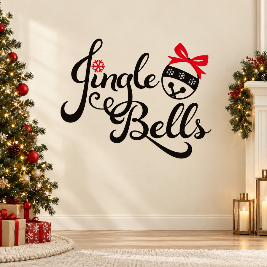 Jingle bells wall decal with black script and red bow bell icon
