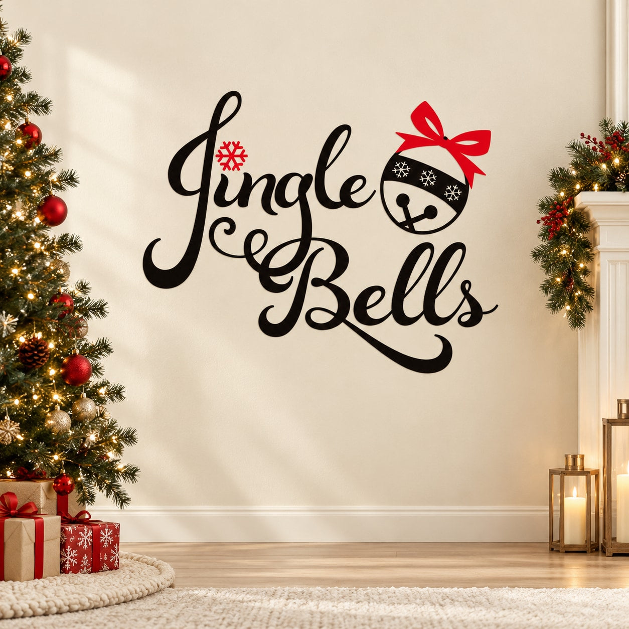 Jingle bells wall decal with black script and red bow bell icon
