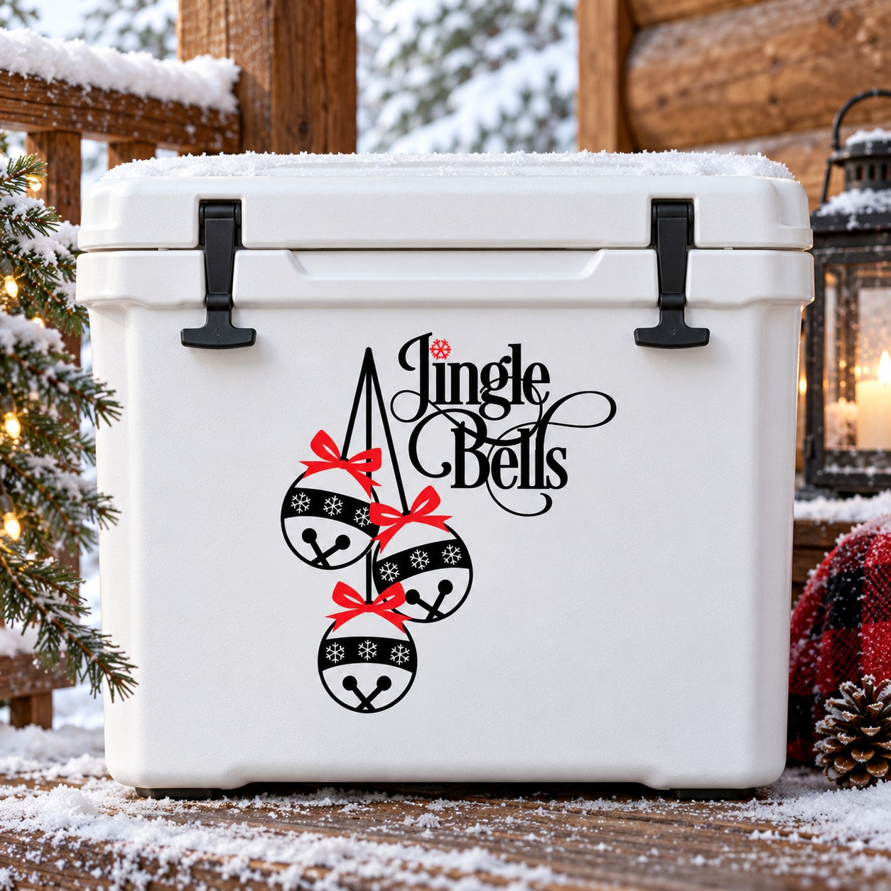 Jingle Bells quote decal with three bell icons and red bows on white surface
