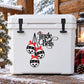 Jingle Bells quote decal with three bell icons and red bows on white surface
