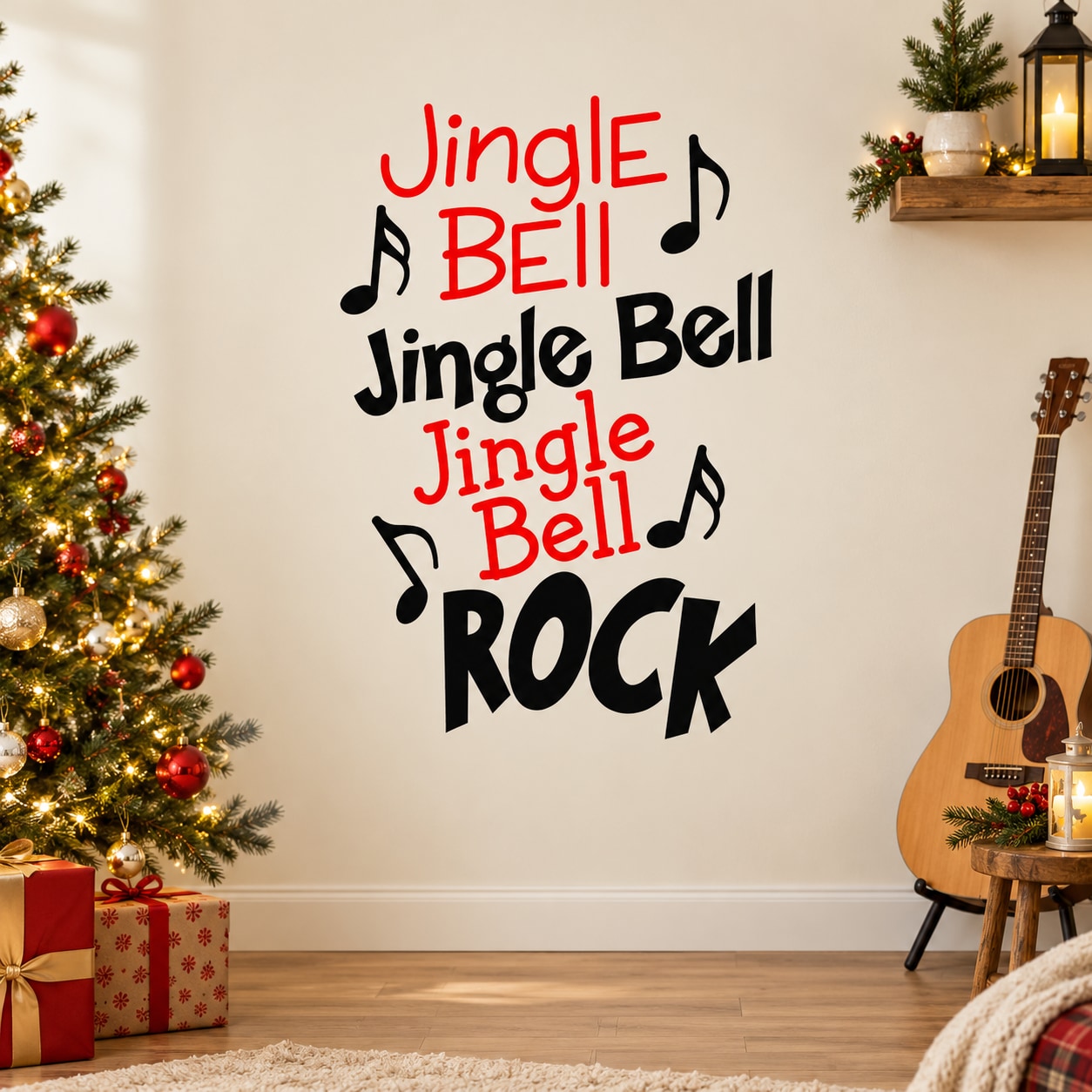 Christmas jingle bell rock wall decal with red and black musical text graphics