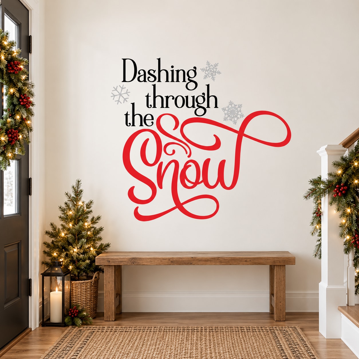 Printed quote wall decal with 'Dashing through the Snow' in black and red typography