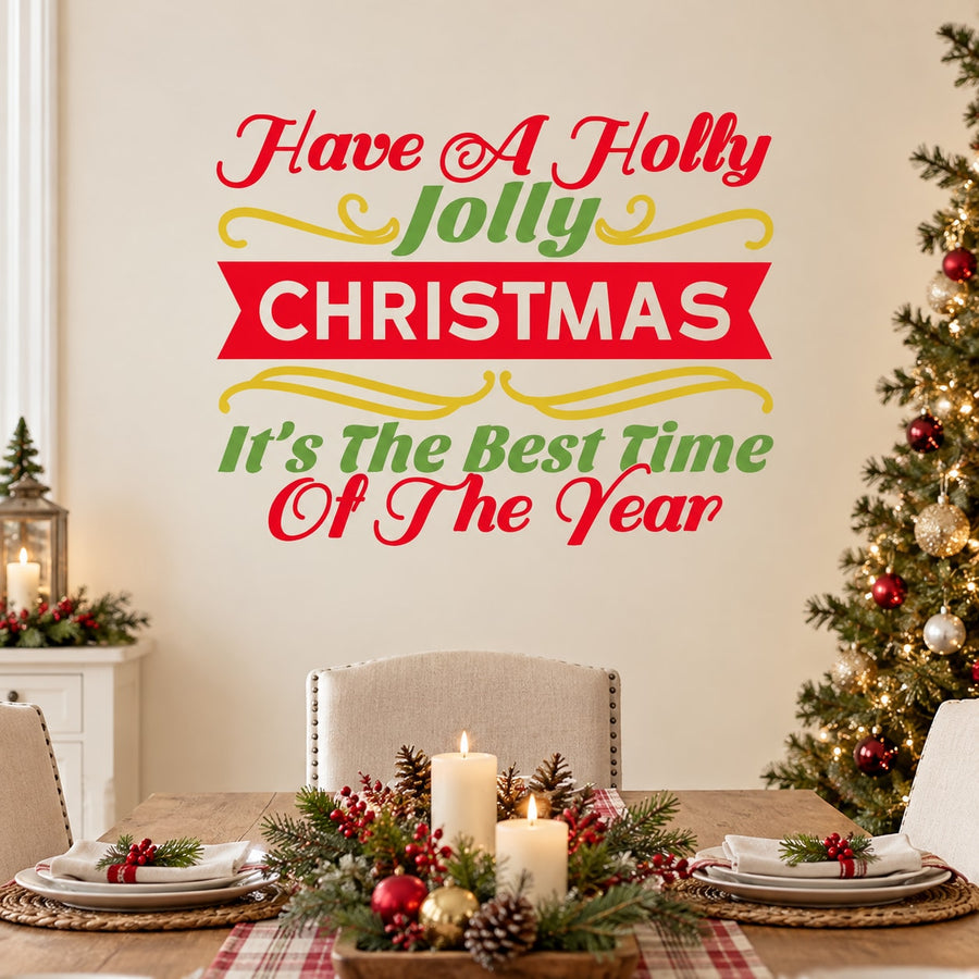 Holly Jolly Christmas wall decal with red, green, and gold holiday lettering