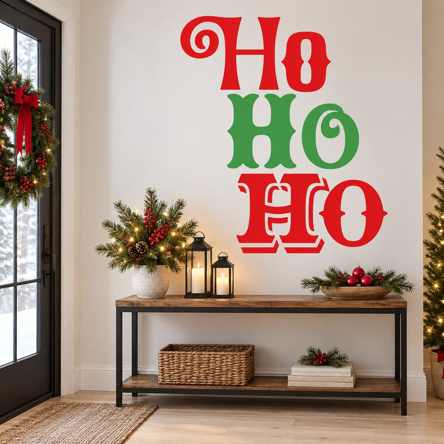 Holiday HO HO HO wall decal with red and green typographic lettering