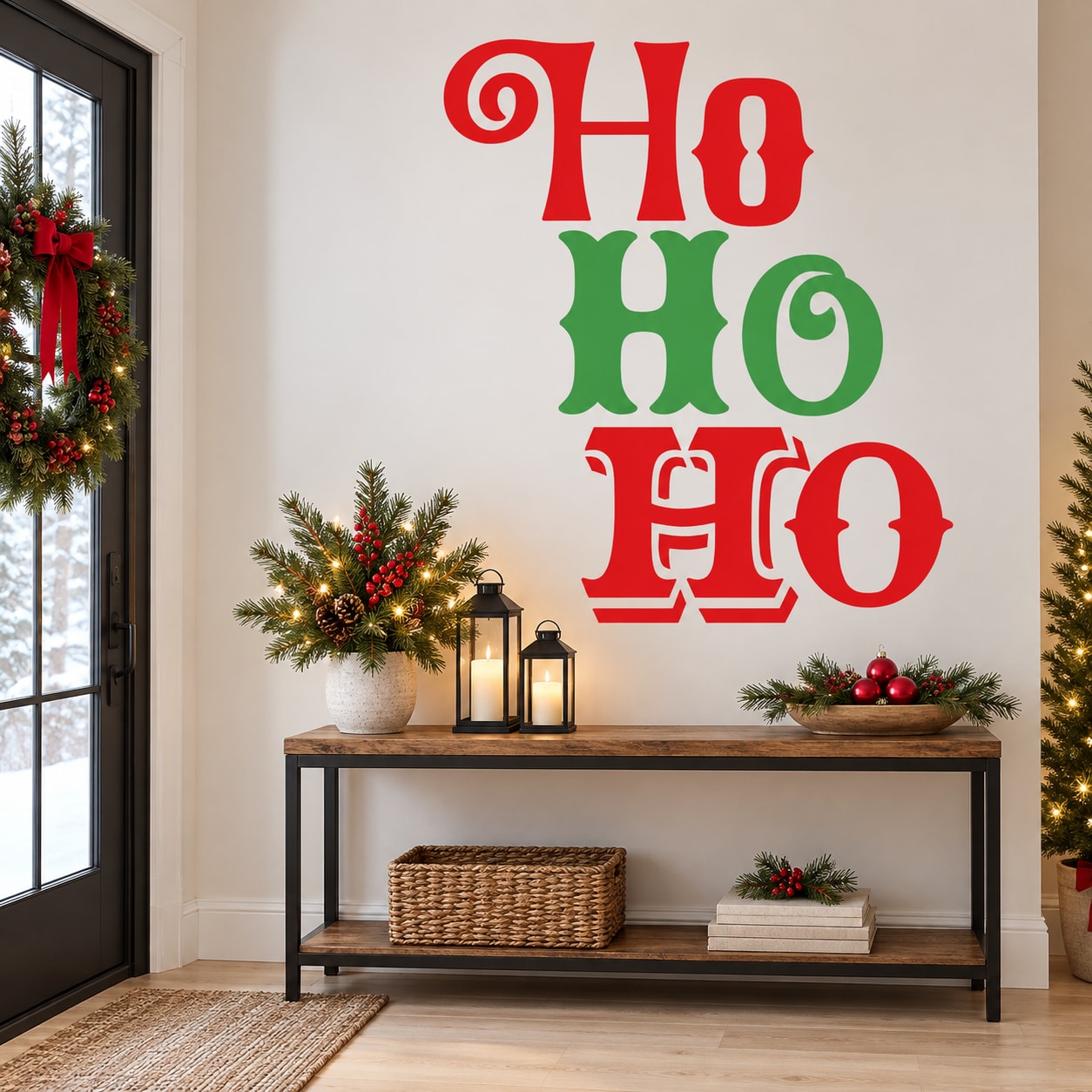 Holiday HO HO HO wall decal with red and green typographic lettering