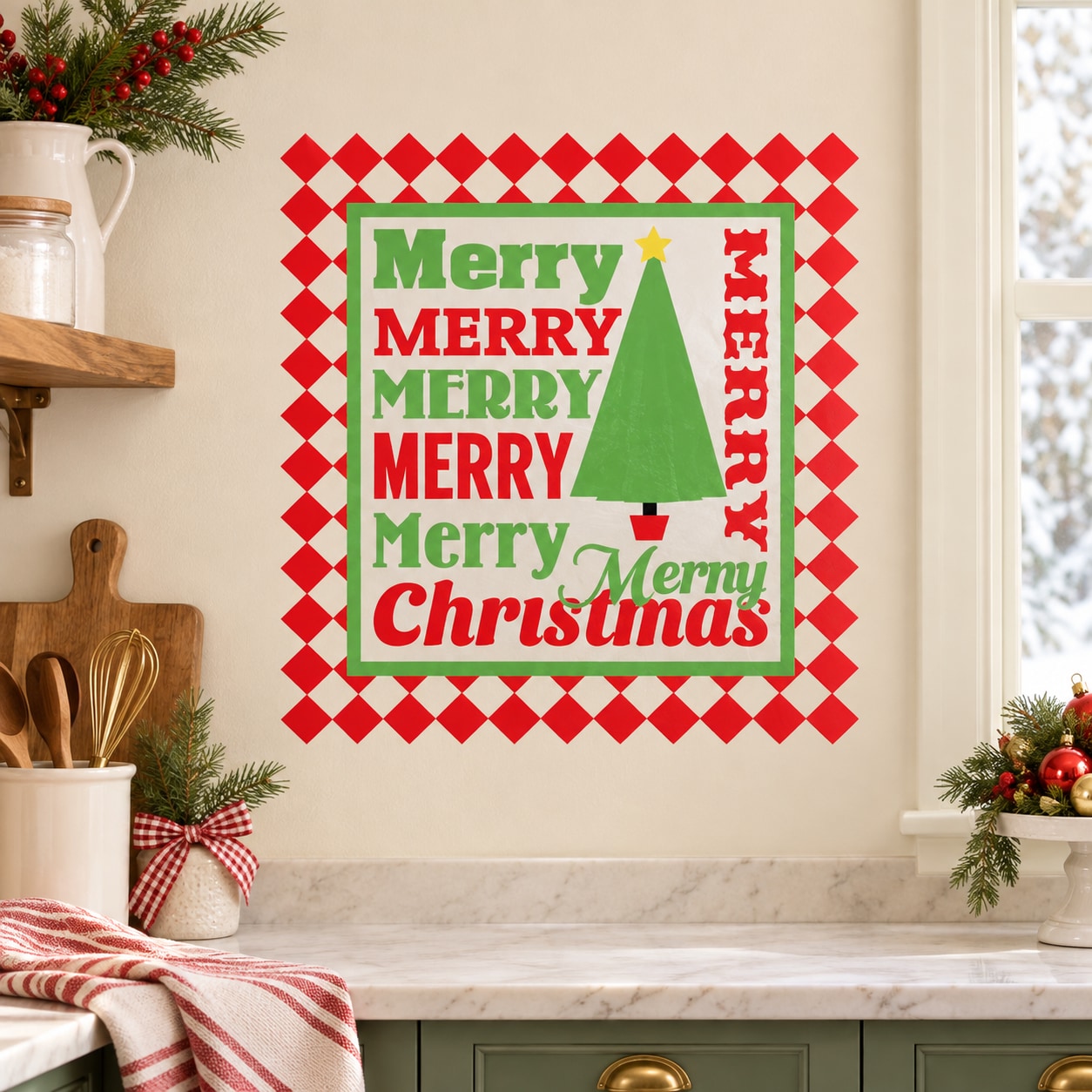 Square Merry Christmas printed wall decal with red checkered border and green text