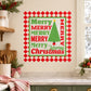 Square Merry Christmas printed wall decal with red checkered border and green text