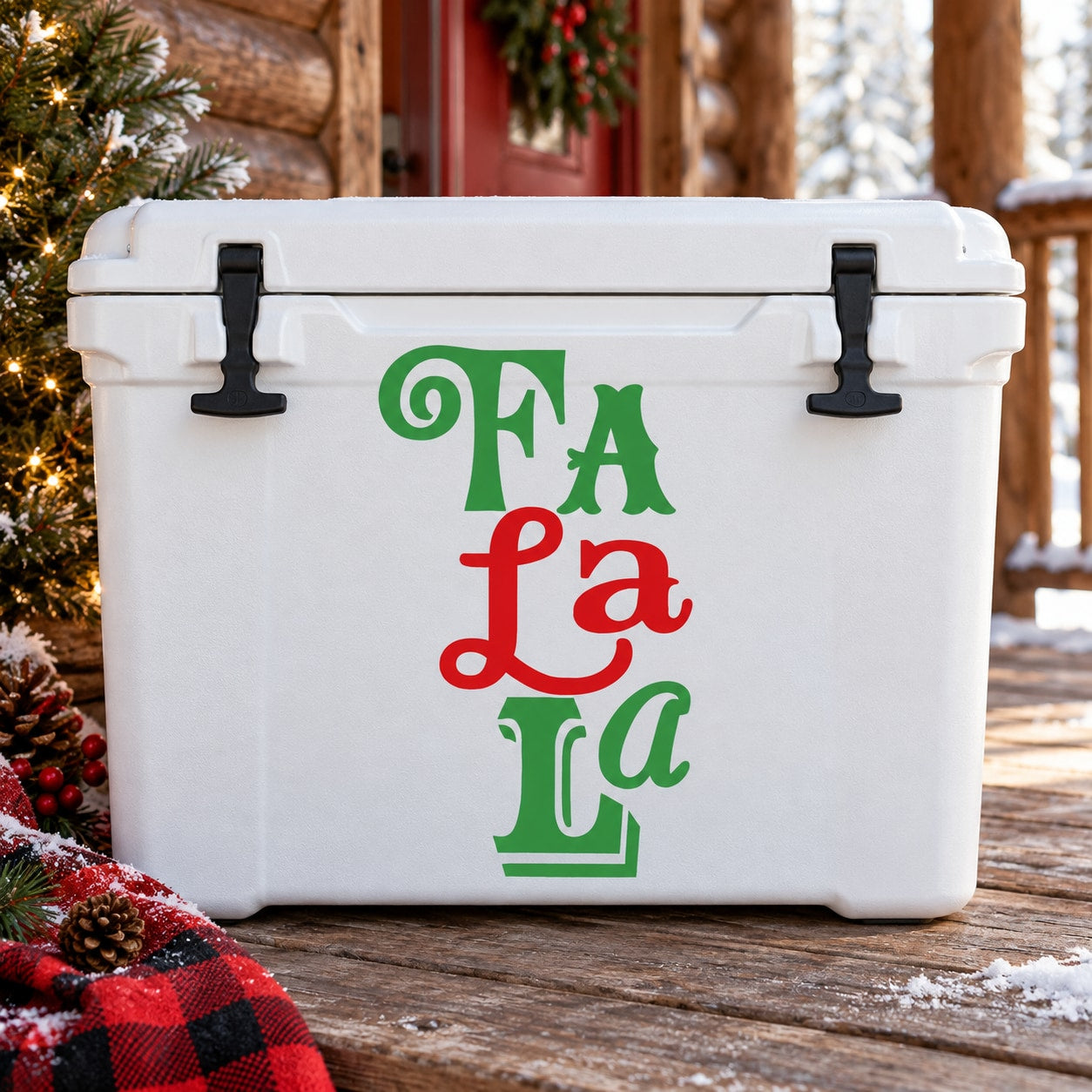 Fa La La printed decal, green and red lettering