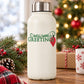 White bottle with green Seasons Greetings text and red heart ornament decal