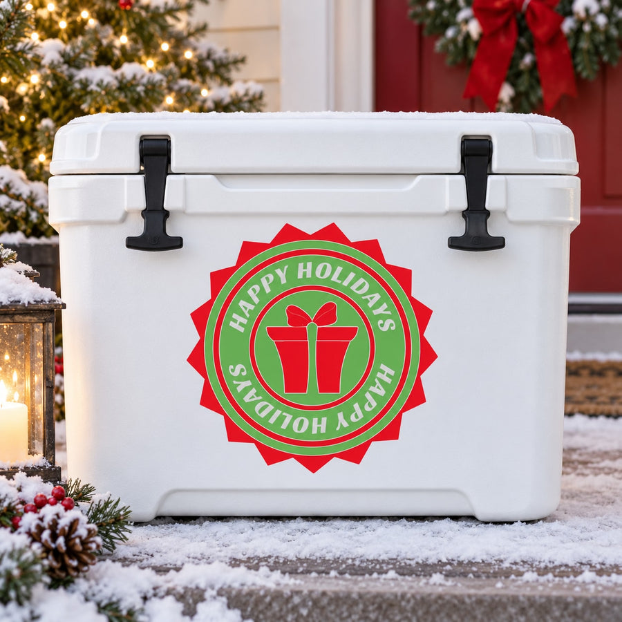 White cooler with black latches and red green Happy Holidays quote decal