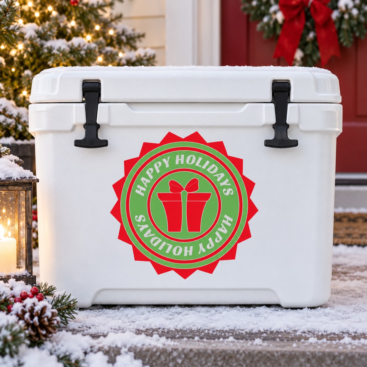 White cooler with black latches and red green Happy Holidays quote decal