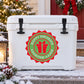 White cooler with black latches and red green Happy Holidays quote decal