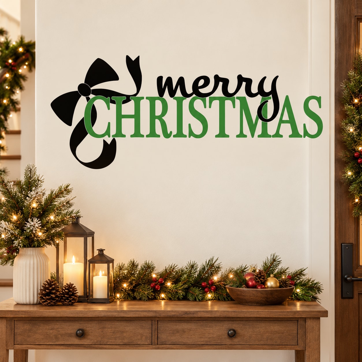 Christmas quote wall decal with black bow and green 'Merry Christmas' text