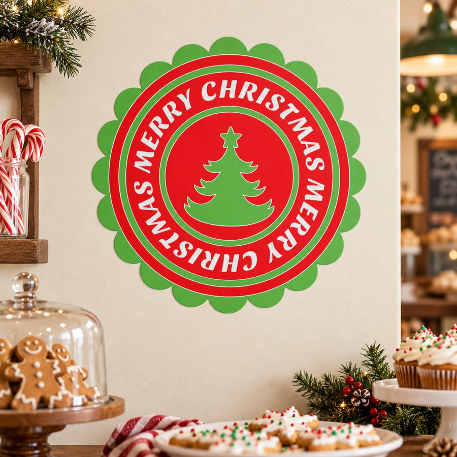 Merry Christmas pine tree circular sticker with green scalloped border
