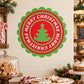 Merry Christmas pine tree circular sticker with green scalloped border