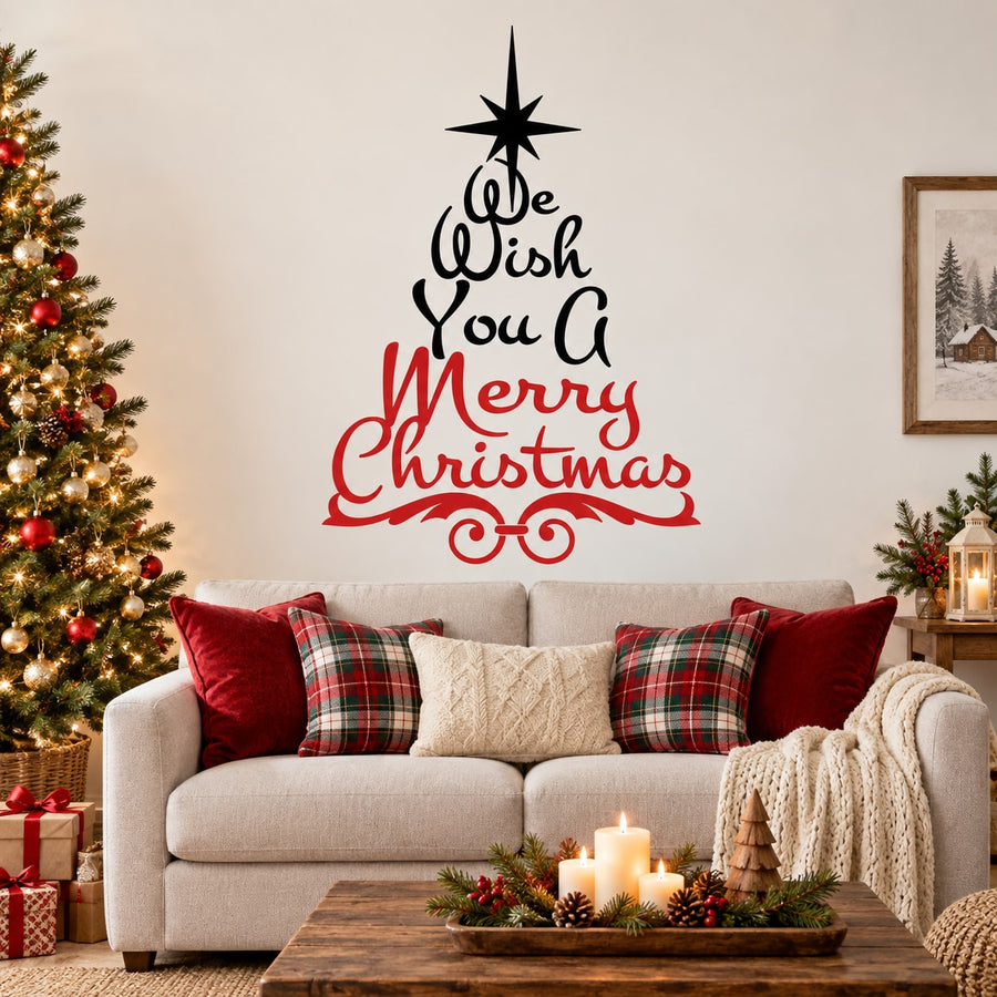 Christmas quote wall decal with star tree and red/black "We Wish You Merry Christmas" text