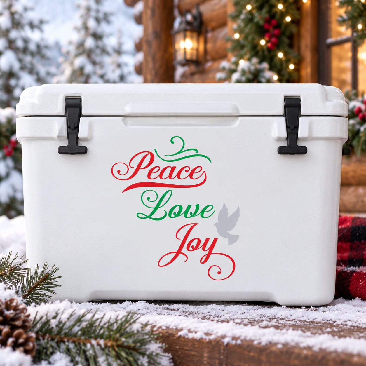 Peace Love Joy decal in colorful cursive on white cooler surface