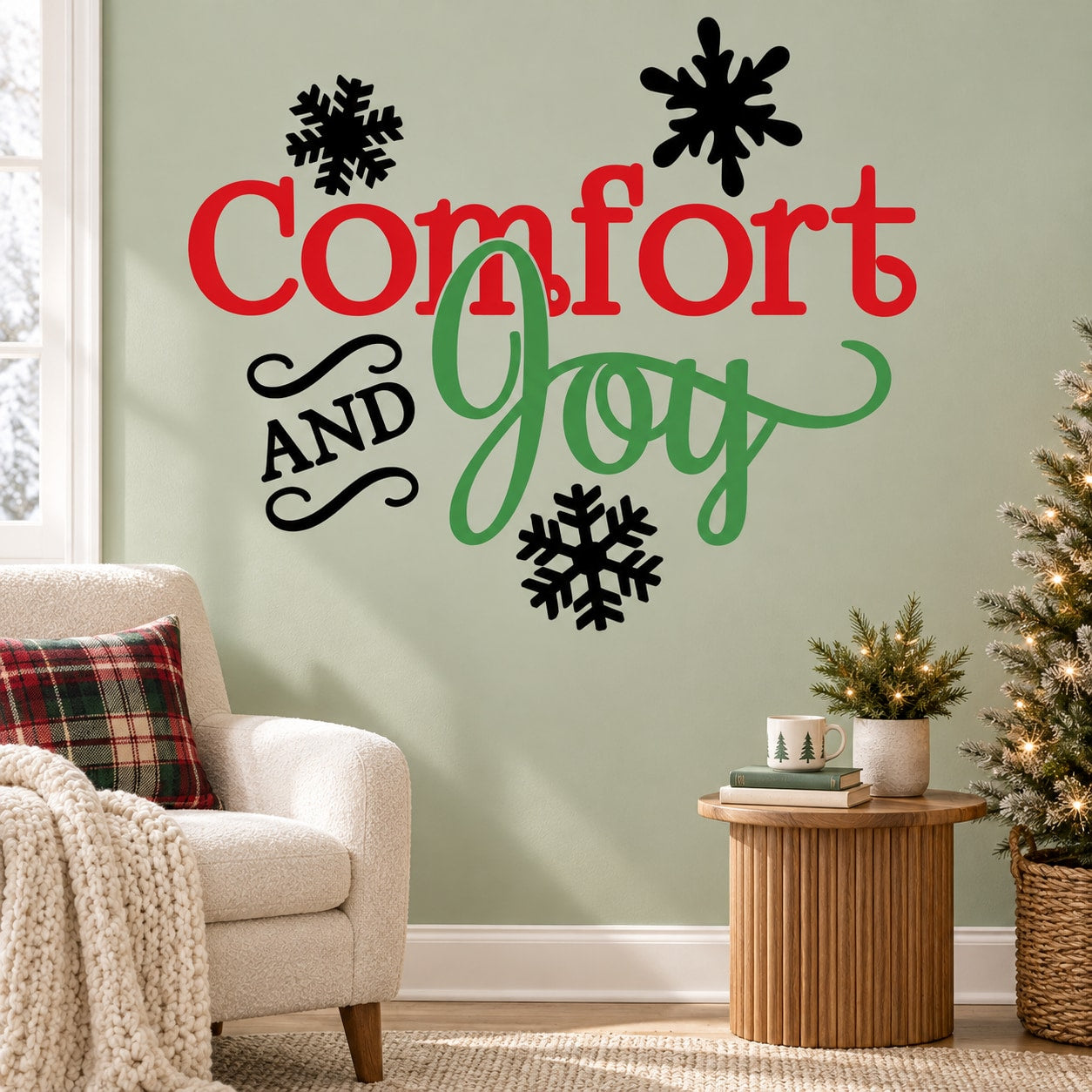 Wall decal with 'Comfort and Joy' lettering and black snowflakes