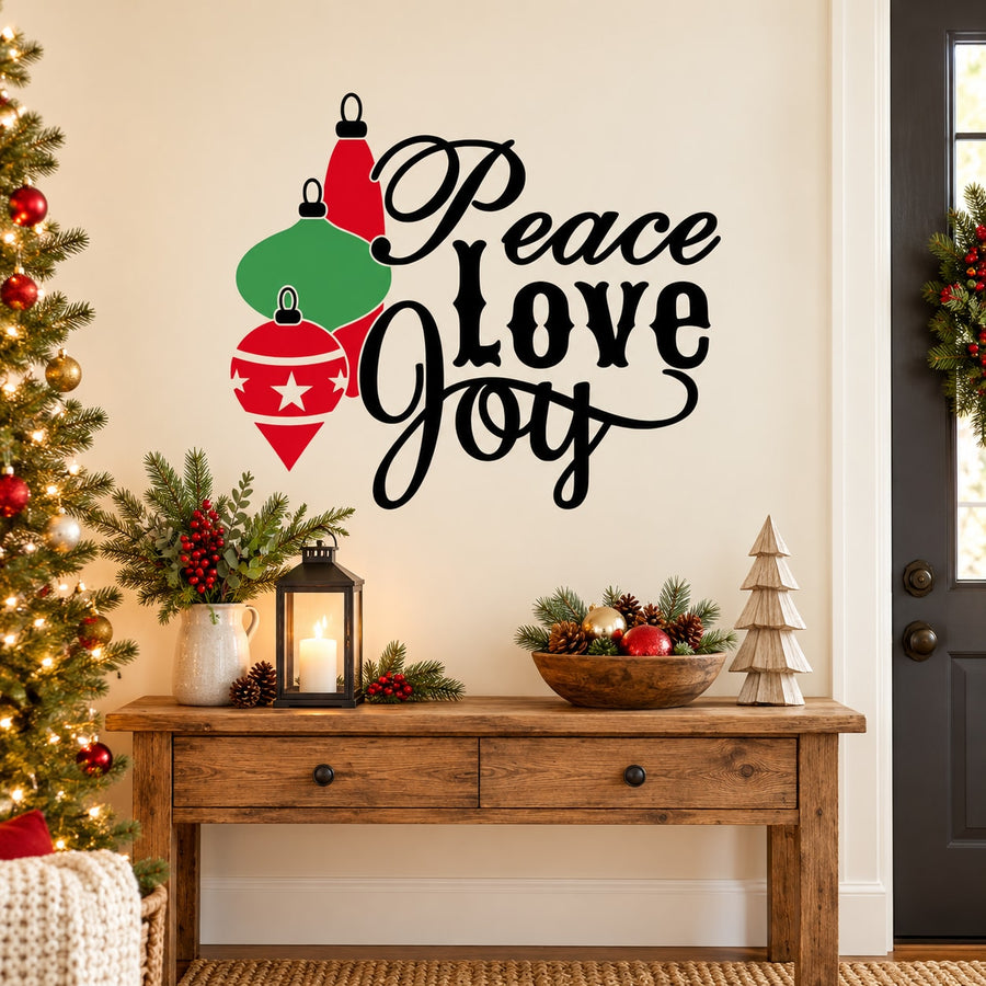 Holiday wall decal: 'Peace Love Joy' script with ornament graphic