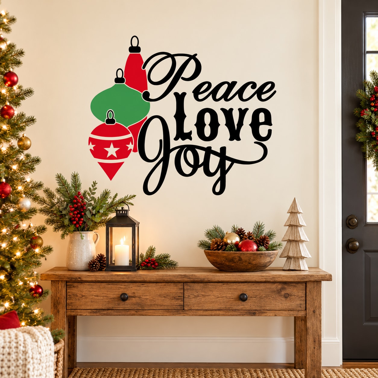 Holiday wall decal: 'Peace Love Joy' script with ornament graphic