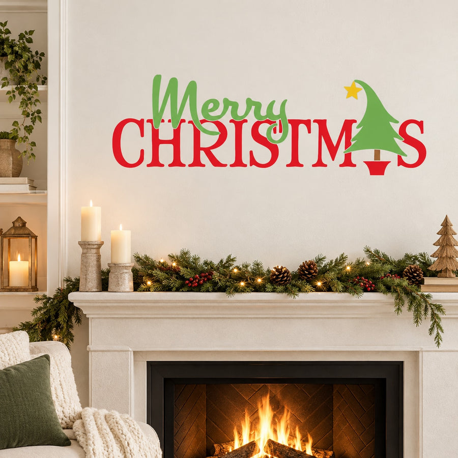 Christmas wall decal with Merry Christmas text and green tree with gold star