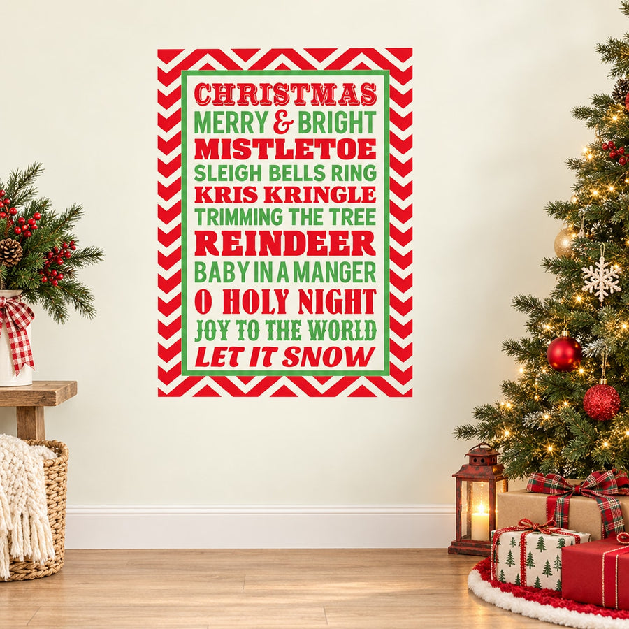 Christmas typography wall decal with red/green striped border and stacked holiday text
