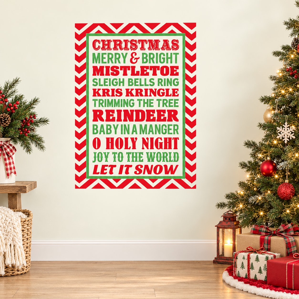 Christmas typography wall decal with red/green striped border and stacked holiday text