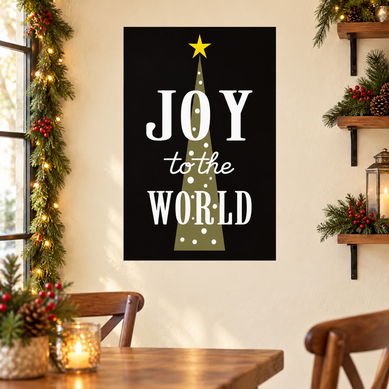 Christmas wall sticker with black background, yellow star, and white “Joy to the World” text
