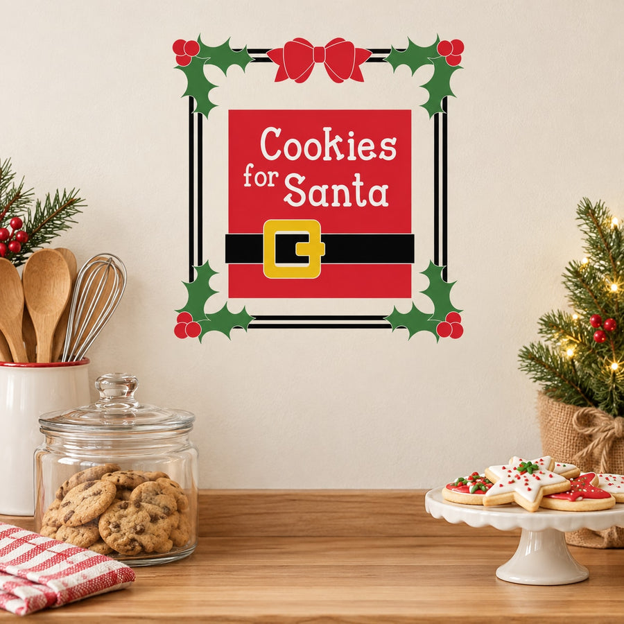Square Christmas cookie decal with holly border and red text 'Cookies for Santa'