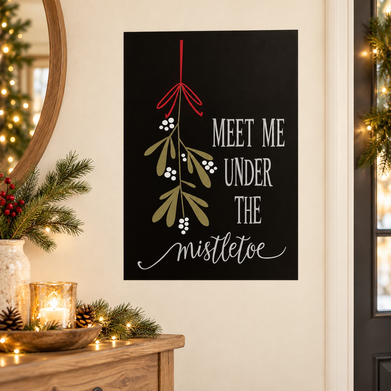Christmas mistletoe quote sticker: 'Meet me under the mistletoe' with mistletoe graphic