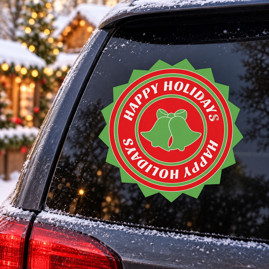 Happy Holidays bell sticker on car window, round green design with red bell icon