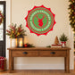 Seasonal reindeer greeting sticker, red and green circular badge with deer silhouette