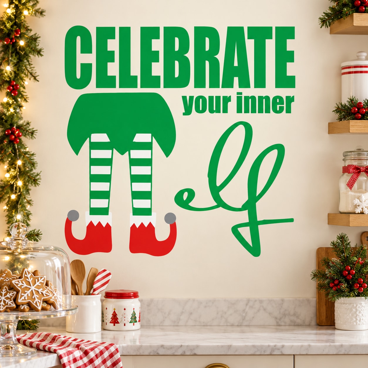 Green wall decal: 'CELEBRATE your inner elf' with cartoon elf legs