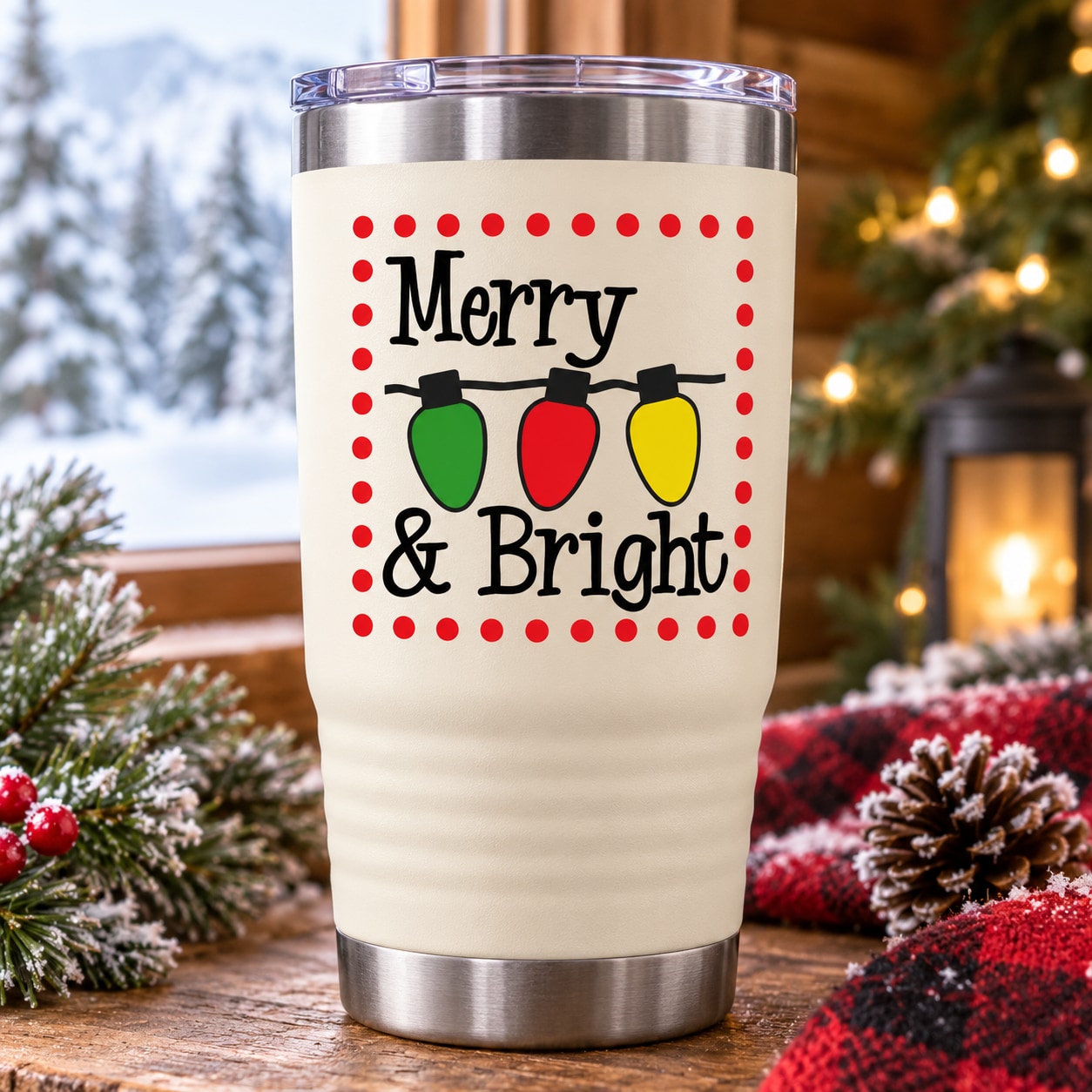 Merry & Bright tumbler decal with red dot border and three ornament bulbs