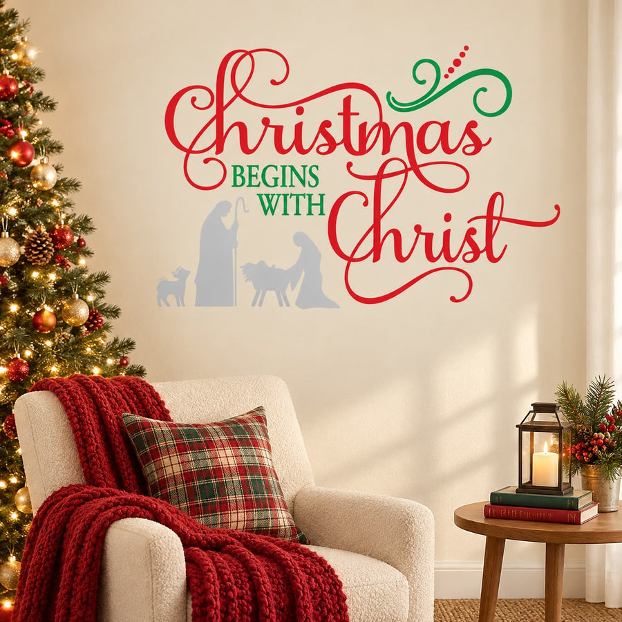 Christmas nativity wall decal with cursive text and nativity silhouettes