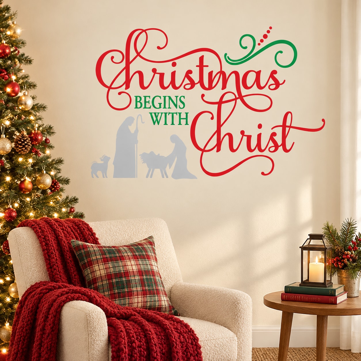 Christmas nativity wall decal with cursive text and nativity silhouettes