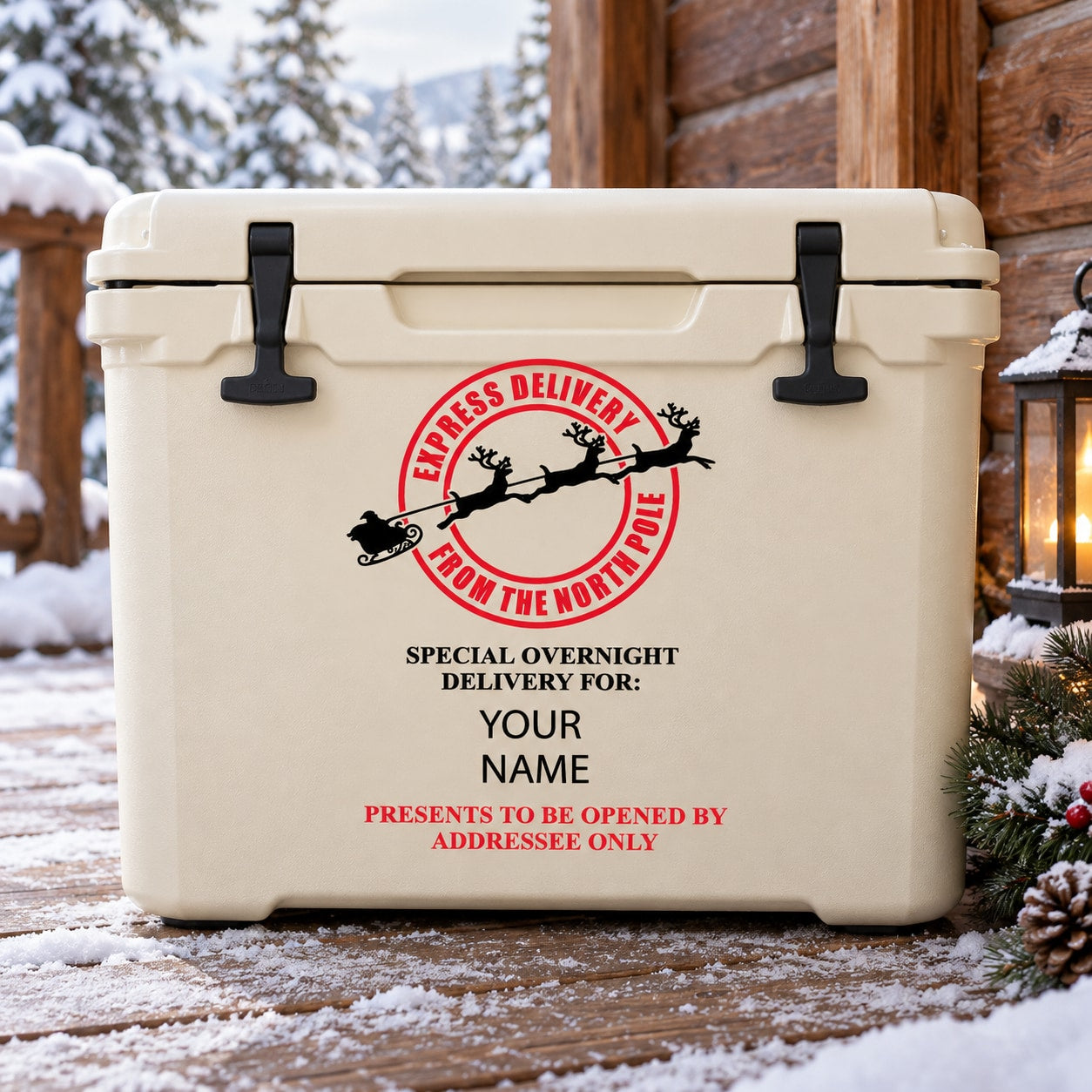 Santa delivery printed decal with round seal, reindeer, and overnight delivery text on beige box
