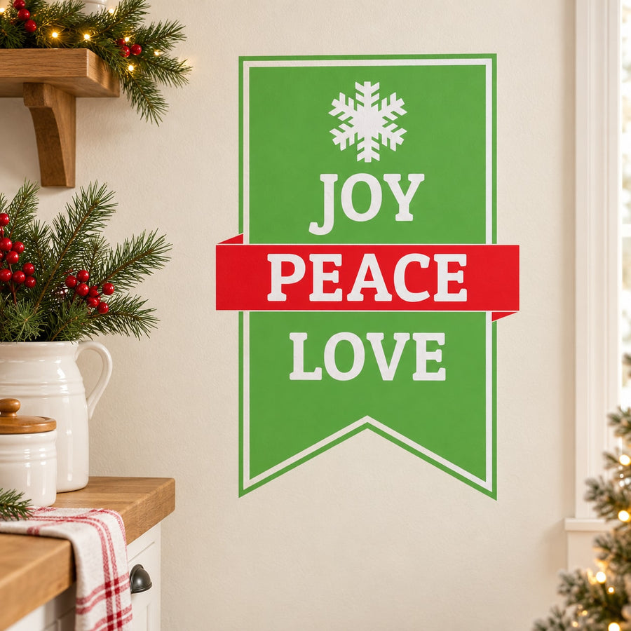 Green banner decal with snowflake icon and text JOY, PEACE, LOVE