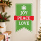 Green banner decal with snowflake icon and text JOY, PEACE, LOVE