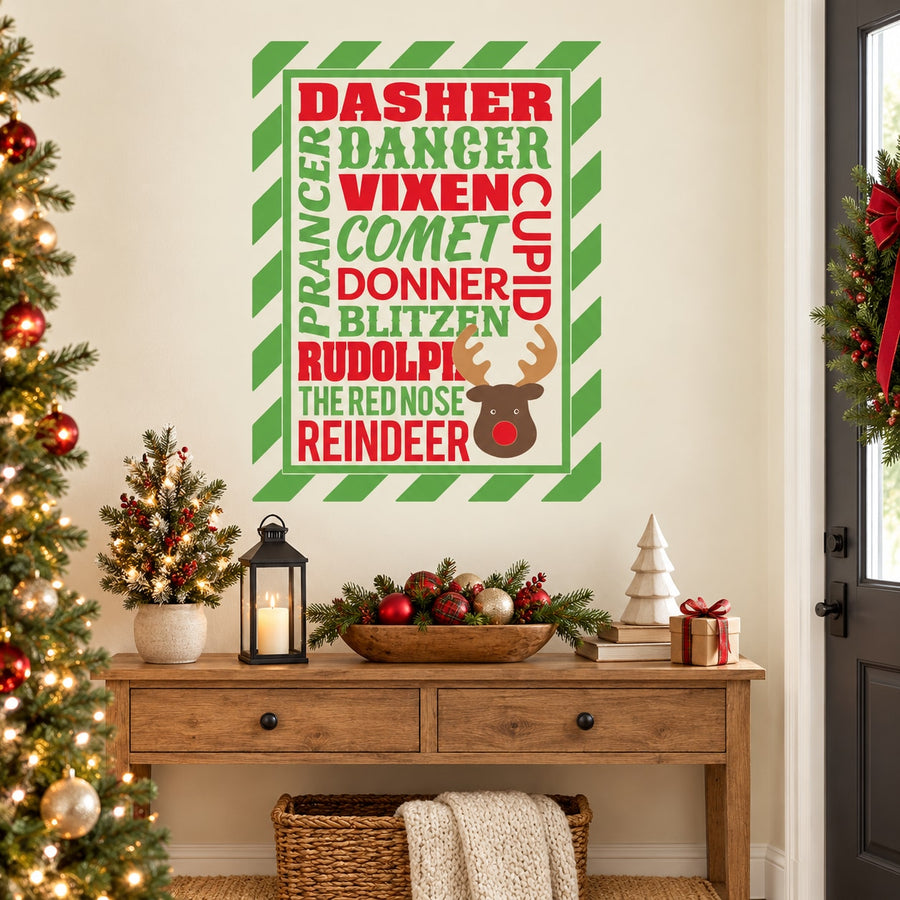 Colorful holiday typography decal with reindeer names and reindeer head graphic
