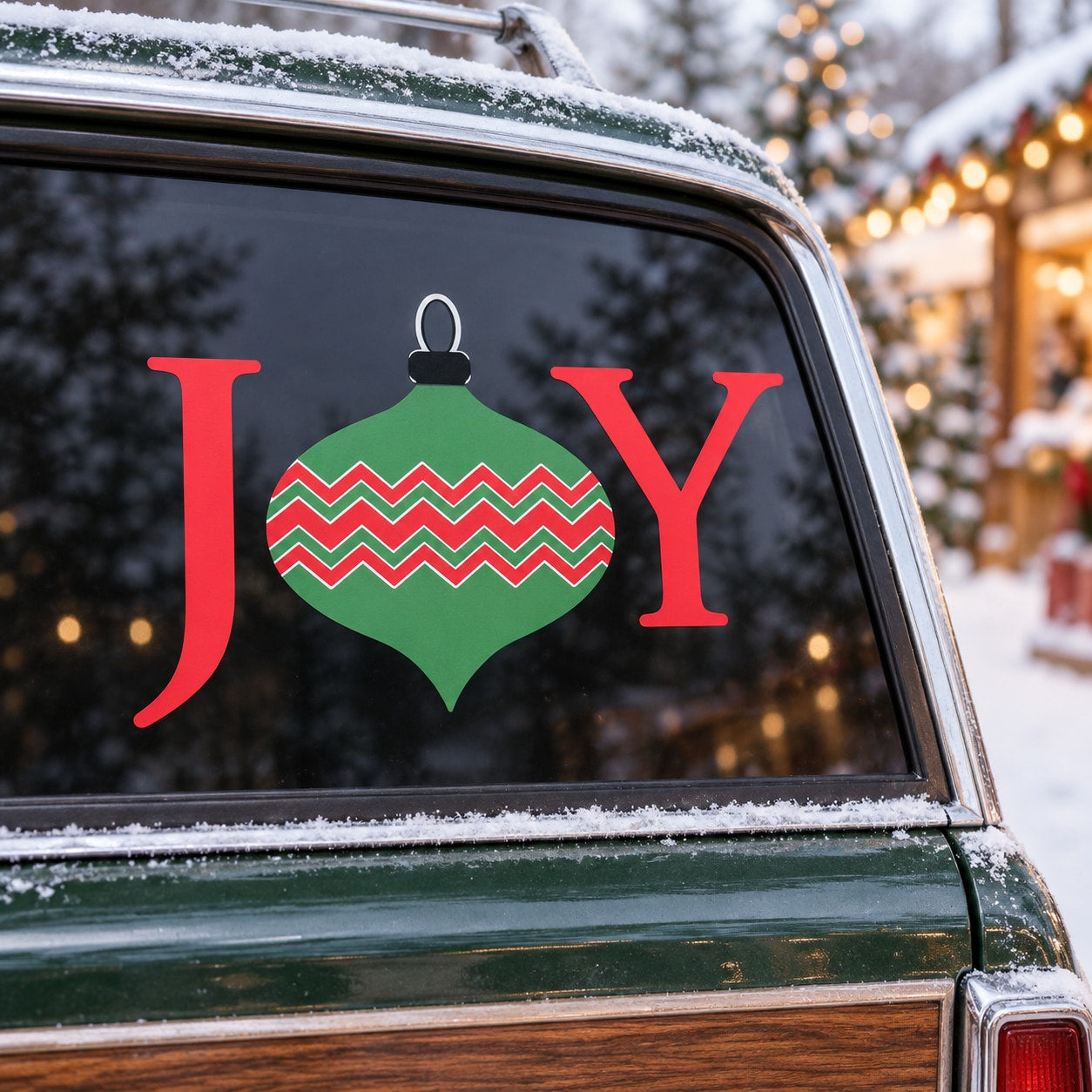 Joy ornament decal with red J and Y letters and green hanging ornament design