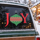 Joy ornament decal with red J and Y letters and green hanging ornament design