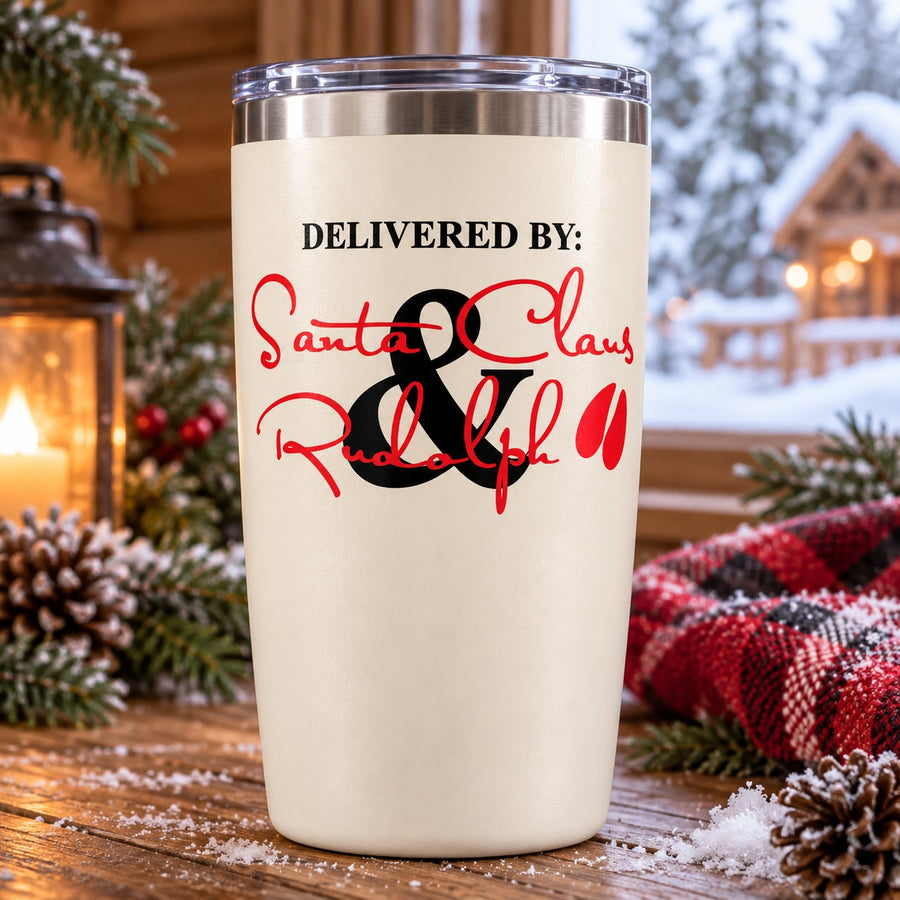 White tumbler with red script decal: Delivered by Santa Claus Rudolph.