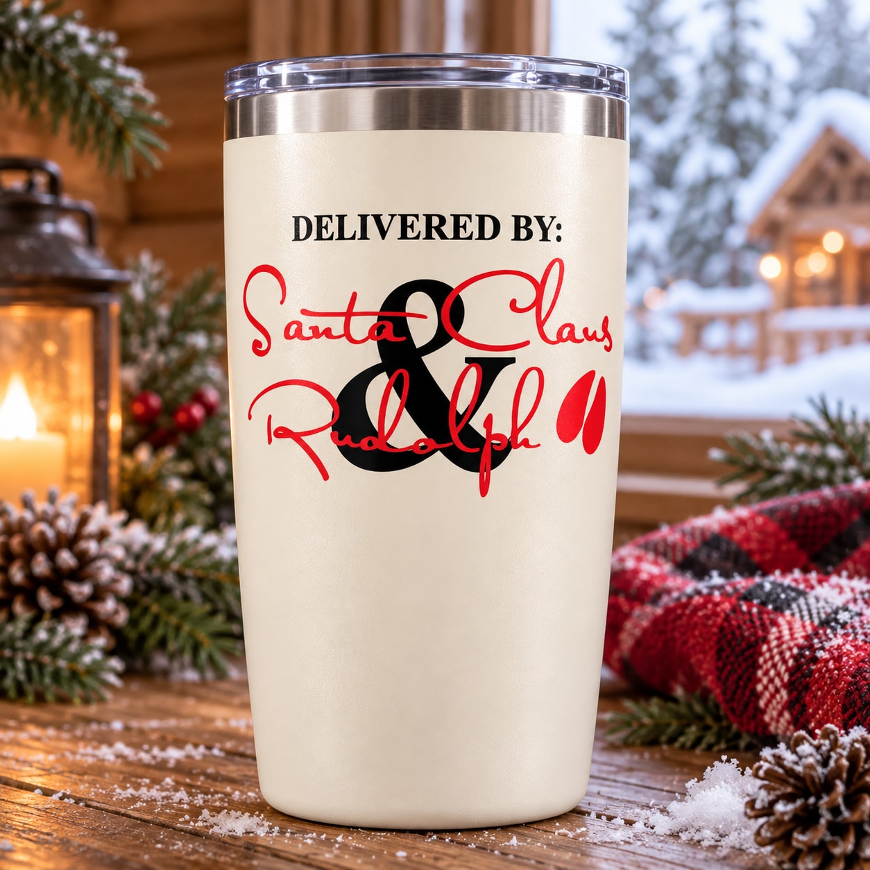 White tumbler with red script decal: Delivered by Santa Claus Rudolph.